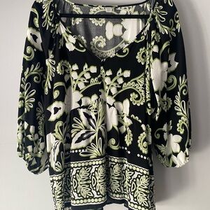Cato Black Tunic Top with White and Light Green Floral Paisley Print